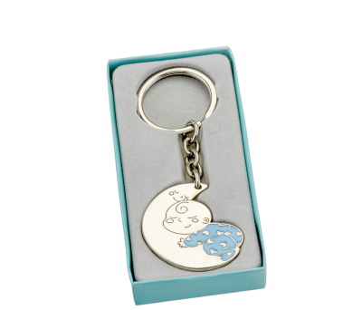 llavero azul bebé con luna para personalizar con detrás como detalle de bautizo para los invitados
